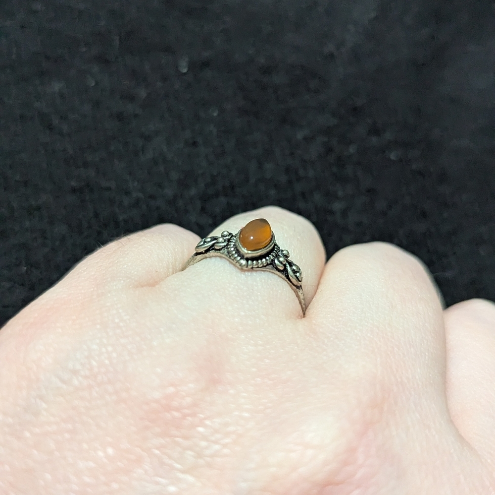 Silver Plated Orange Carnelian Gemstone Marquis Dainty Delicate Statement Ring - Picture 2 of 6